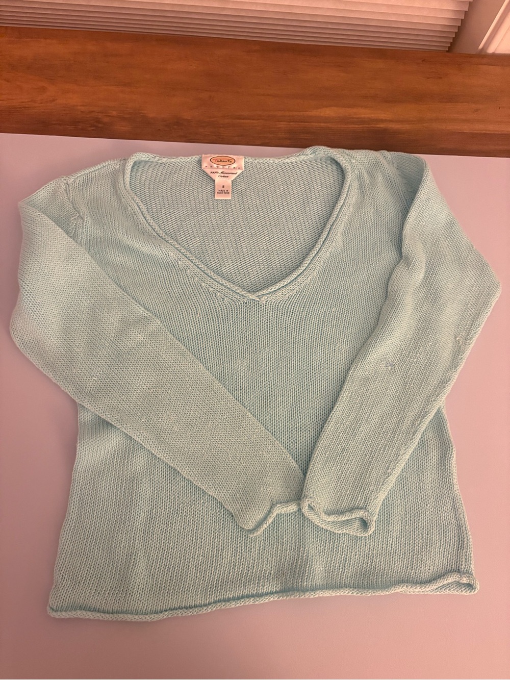 Talbots Petites Light Blue V-Neck Cotton Mesh Spring Women’s Sweater